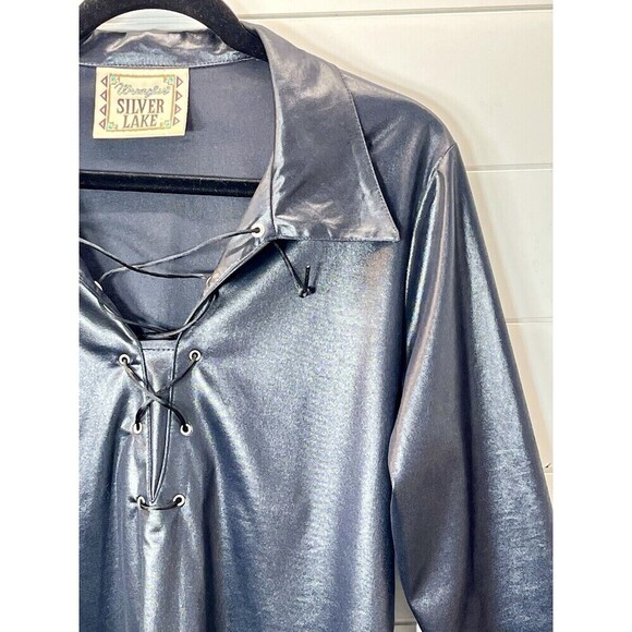 VINTAGE WRANGLER Silver Lake Front Lace Up Shiny Top Small Goth Matrix * Flaw - Picture 1 of 8